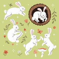 Set of cute white forest rabbits. graphics. vector