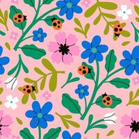 Seamless pattern with ladybugs and flowers. vector
