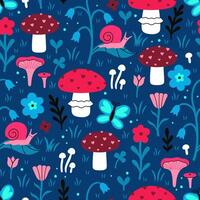 Seamless pattern with mushrooms, flowers, butterflies and snails. graphics. vector
