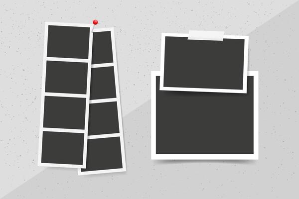 Empty Instant picture, photo booth strip frame collage on a gray wall