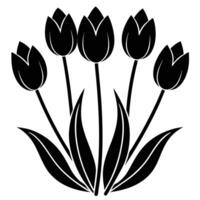 Hand-Drawn Tulip Flower Bouquet Icon in Black and White Minimalist Design with Multiple Stems and Leaves, Ideal for Floral Decorations, Spring Themes, and Botanical Artwork vector