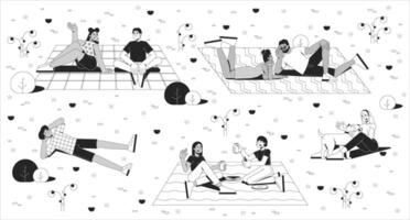 Public park picnic gathering line illustration. Friendship bonding. Multicultural people chatting, relaxing, playing with dog 2D ink linear characters monochrome. Flat outline image vector