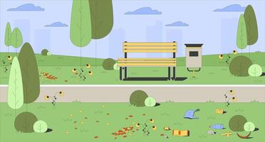 Empty park scene with wooden bench, trash bin and scattered litter flat illustration background. Urban nature environmental issue 2D landscape cartoon backdrop. Colorful scene art image vector