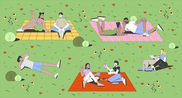 Public park picnic gathering flat illustration. Friendship bonding. Multicultural people chatting, relaxing, playing with dog 2D characters cartoon background. Colorful scene art image vector