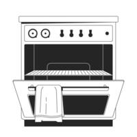 Oven with open door, empty rack black and white 2D line object. Kitchen towel hangs from handle appliance. Baking equipment isolated clip art outline item. Monochromatic spot illustration vector