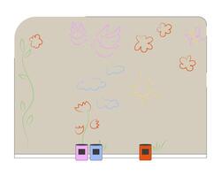 Wall mural with childish drawings and paint cans 2D illustration. Ongoing painting project. Community art and creative expression flat scene isolated on white background. Colorful cartoon image vector