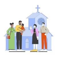 Local church Sunday service 2D illustration. Supportive religious community. Christians people. Diverse churchgoers flat characters isolated on white background. Colorful cartoon image vector