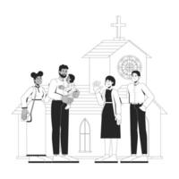 Local church Sunday service outline illustration. Supportive religious community. Christians people. Diverse churchgoers 2D line characters isolated on white. Monochrome ink linear image vector