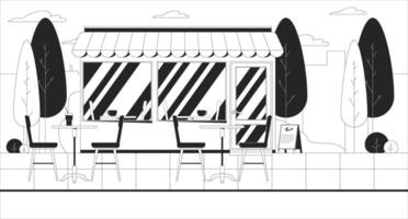 Empty outdoor cafe with storefront, awning and tables chairs line illustration backdrop. Local coffee shop, bistro coffeeshop 2D ink outline cityscape monochrome background. Lineart vector