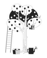 Apple tree with birdhouse and ladder outline illustration. Basket of harvested apples, watering can. Garden tools, fruits orchard 2D line scene isolated on white. Monochrome ink linear image vector