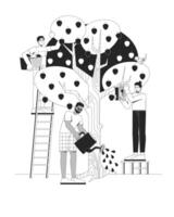 Community apple harvest outline illustration. Watering tree, installing birdhouse. Diverse people picking fruits from appletree 2D line characters isolated on white. Monochrome ink linear image vector