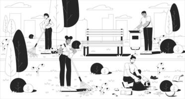 Public park cleanup volunteers line illustration. Community service. Removal litter. Diverse people picking up trash and raking leaves 2D ink linear characters monochrome. Flat outline image vector