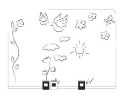 Wall mural with childish drawings and paint cans outline illustration. Ongoing painting project. Community art, creative expression 2D line scene isolated on white. Monochrome ink linear image vector