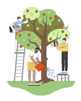Community apple harvest 2D illustration. Watering tree, installing birdhouse. Diverse people picking fruits from appletree flat characters isolated on white background. Colorful cartoon image vector