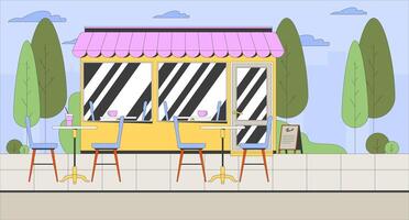 Empty outdoor cafe with storefront, awning and tables chairs flat illustration background. Local coffee shop, bistro coffeeshop 2D cityscape cartoon backdrop. Colorful scene art image vector