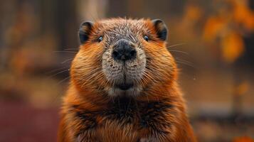 A close-up of a beaver with detailed fur and whiskers against a blurred autumn background photo