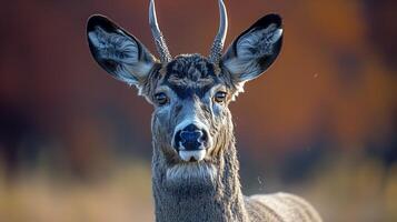 Close-up of a mule deer with large ears and antlers set against a warm blurred background photo