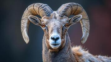 A majestic ram with intricate curved horns and a striking face set against a dark background photo