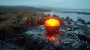 Glowing orange light on a wet rock surrounded by grass and water in a moody atmosphere photo