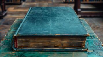 Antique Blue Leather Book with Worn Edges Resting on a Matching Tabletop photo