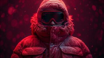 Person in a red winter coat and goggles standing in a snowy environment with a red hue photo