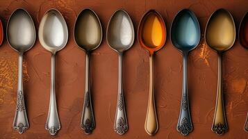 A row of vintage spoons with intricate designs and varying colors displayed on a textured brown background photo