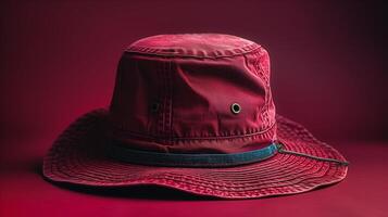 A stylish red bucket hat with a blue strap and eyelets on a matching red background photo