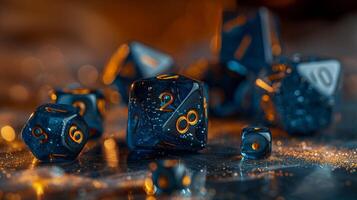 Shimmering blue and gold dice scattered on a glittery surface with bokeh lights in the background photo