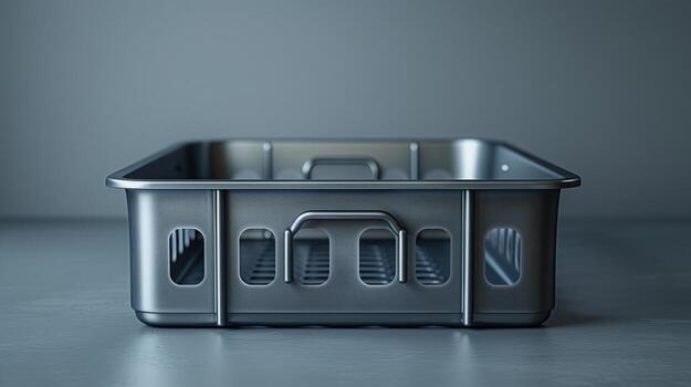 Sleek metallic container with a grid design and handles set on a smooth surface photo