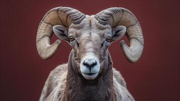 A close-up of a bighorn sheep with large curved horns and a detailed face against a deep red background photo