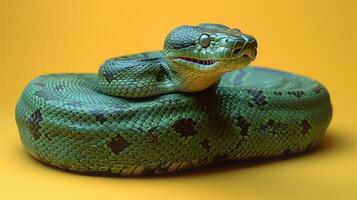 A coiled green snake with a striking pattern and open mouth on a bright yellow background photo