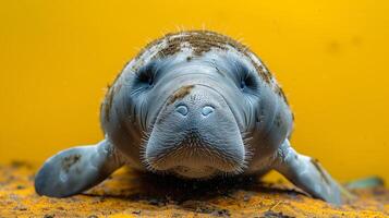 Manatee resting on sandy ocean floor with a warm yellow background and detailed closeup of its face photo