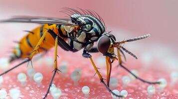 A closeup of a strikingly patterned mosquito resting on dew-covered surface with vivid details photo