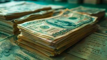 Stacks of crisp dollar bills piled high in a dimly lit setting with a greenish hue photo