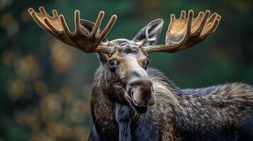 Closeup of a Majestic Moose with Large Antlers and Detailed Fur in a Forest Setting photo
