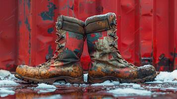 Weathered combat boots standing in the snow against a vibrant red background photo