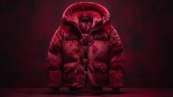 Bold red puffer jacket with a fur-lined hood displayed against a dark textured backdrop photo