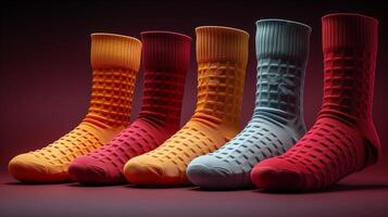 Vibrant socks in assorted colors with a textured pattern displayed against a dark background photo
