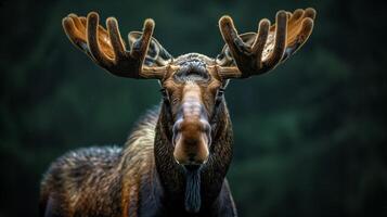 Majestic moose with impressive antlers standing in a dark forest setting photo