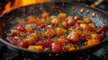 Sizzling vegetables in a pan with vibrant colors and spices cooking over an open flame photo