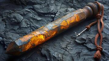 Intricately designed firestarter staff with glowing amber patterns and a leather cord resting on a rugged surface photo