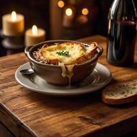 French onion soup with bread and wine photo