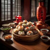A table with a bowl of dumplings and bowls of soup photo