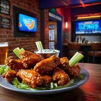 A plate of wings with celery and dip on a table photo