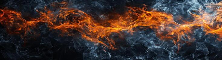Dynamic flames swirl elegantly against a black canvas, showcasing an array of fiery hues and wispy smoke that captivates the viewer's attention photo