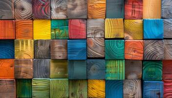 A vibrant array of colorful wooden blocks is artfully arranged, showcasing various textures and hues in a captivating display of creativity photo