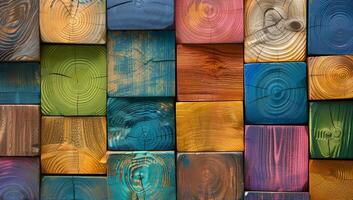Vividly colored wooden blocks are neatly organized in a grid, showcasing unique wood grain patterns and inviting imaginative construction and play photo
