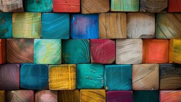Vibrant wooden blocks are meticulously arranged in a captivating grid, inviting creativity and exploration in a playful environment photo