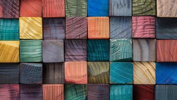 Colorful wooden blocks arranged meticulously form a grid, showcasing an array of textures and hues that inspire artistic imagination photo