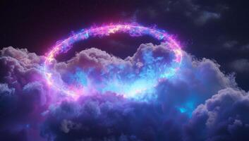 Neon light illuminates the abstract clouds, creating a mesmerizing aura in the dark cosmic sky, inspiring wonder and imagination photo
